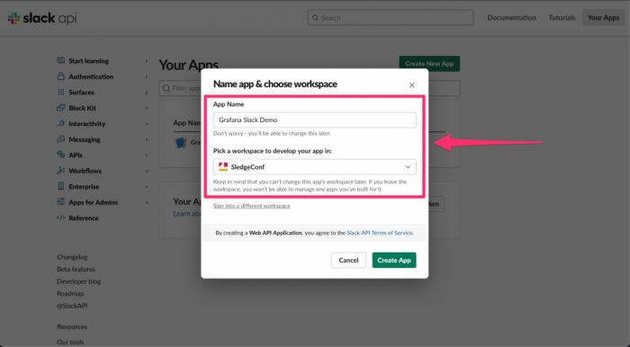 Name app & choose workspace in Slack