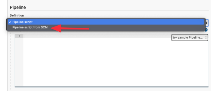 Select Pipeline script from SCM under Definition.
