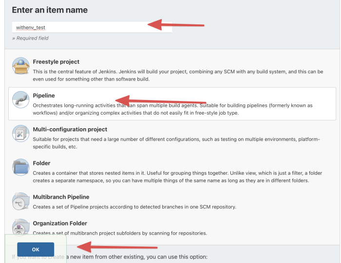 New item menu in Jenkins