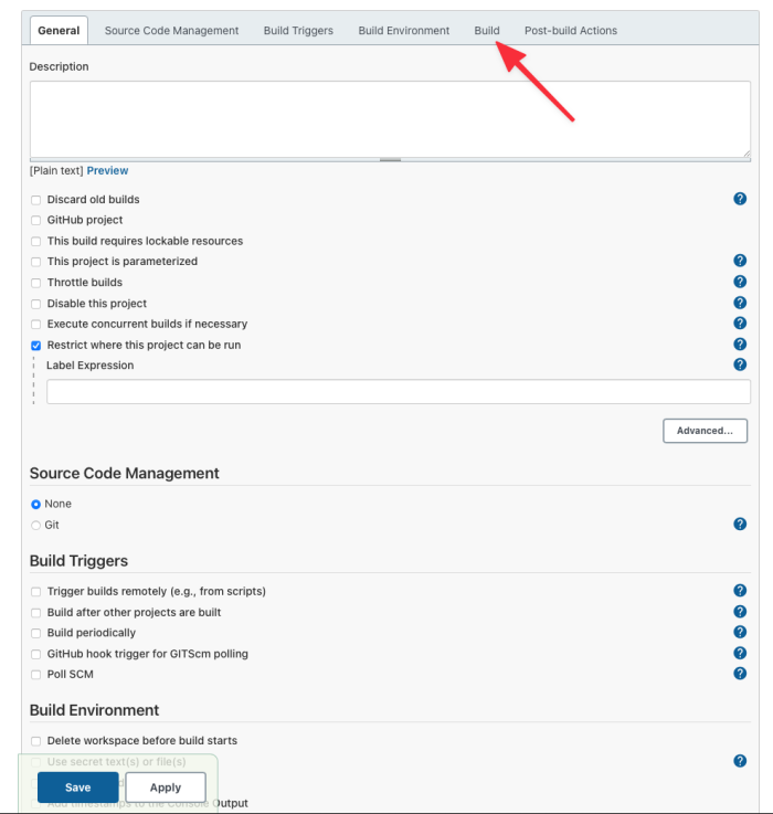 Click on the Build tab on the configure page - Jenkins