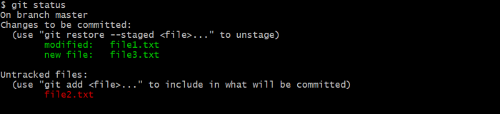 git status - file1.text and file3.txt in staging area, file2.txt in working directory