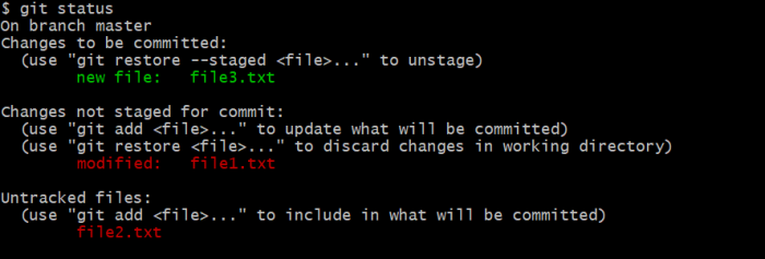git status - file1.txt and file2.txt in working directory, file3.txt in staging area