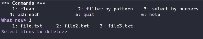 select files to delete by number in Git