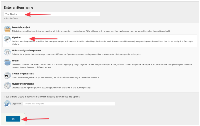 Create a new pipeline item
