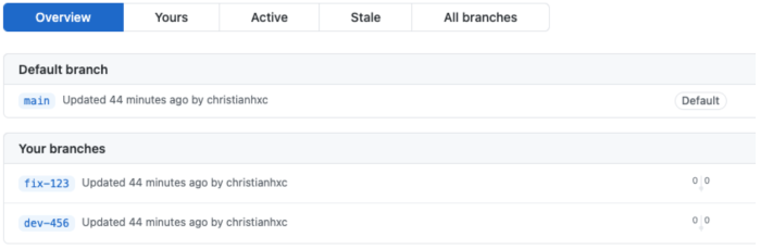 GitHub two new branches pushed - screenshot