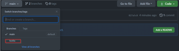New branch GitHub screenshot