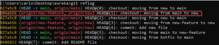 git reflog command screenshot