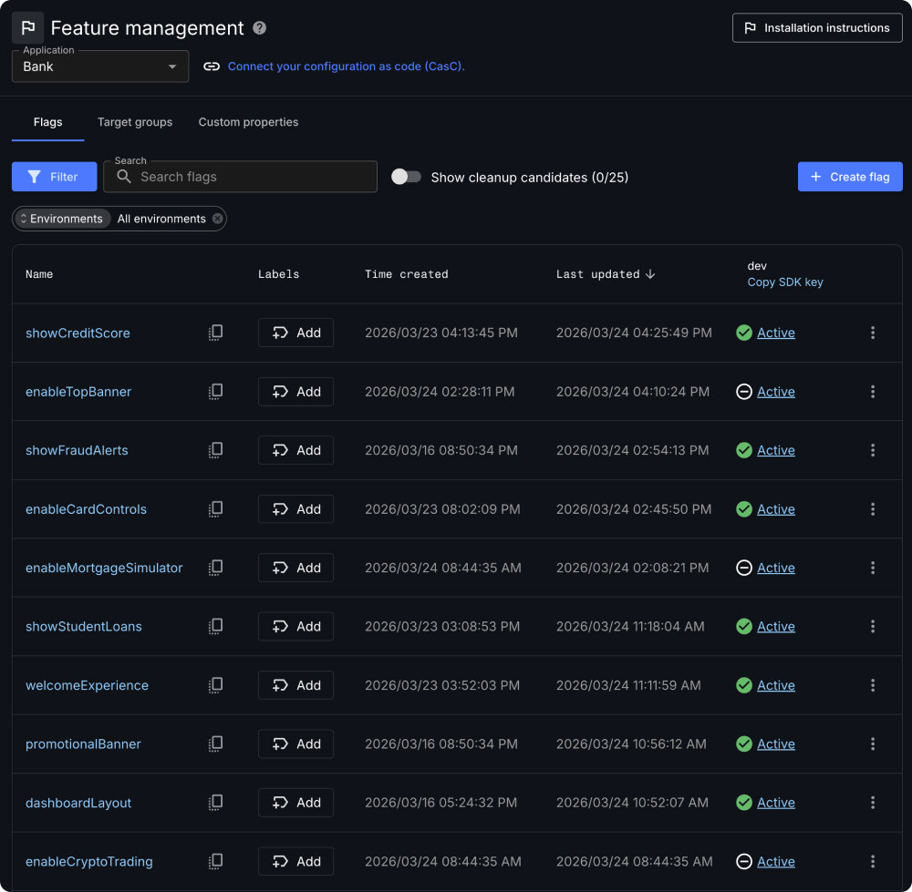 Centralized flag dashboard showing all feature flags for a financial services application with status and last updated timestamps.