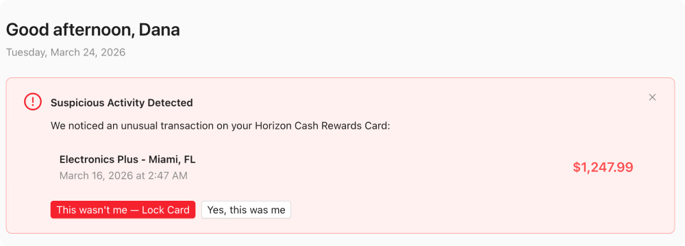 Fraud alert notification shown to a customer, the type of feature that benefits from staged rollout before full release.