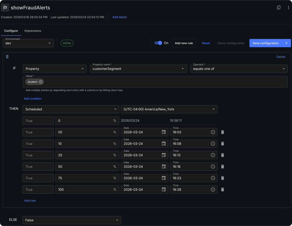 Scheduled rollout configuration ramping a flag from 0% to 100% over a defined time window.