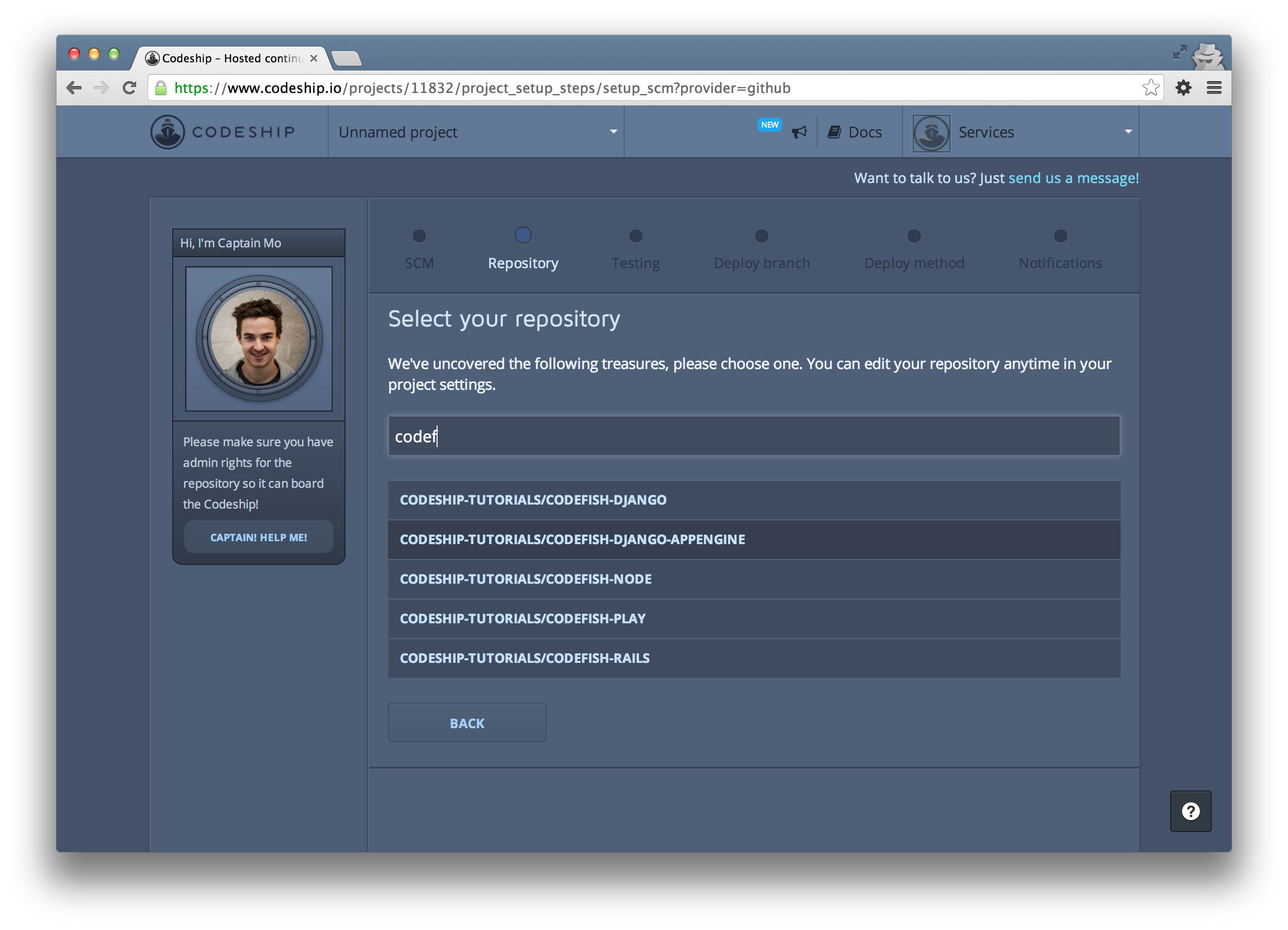 Find your repository in the filtered list