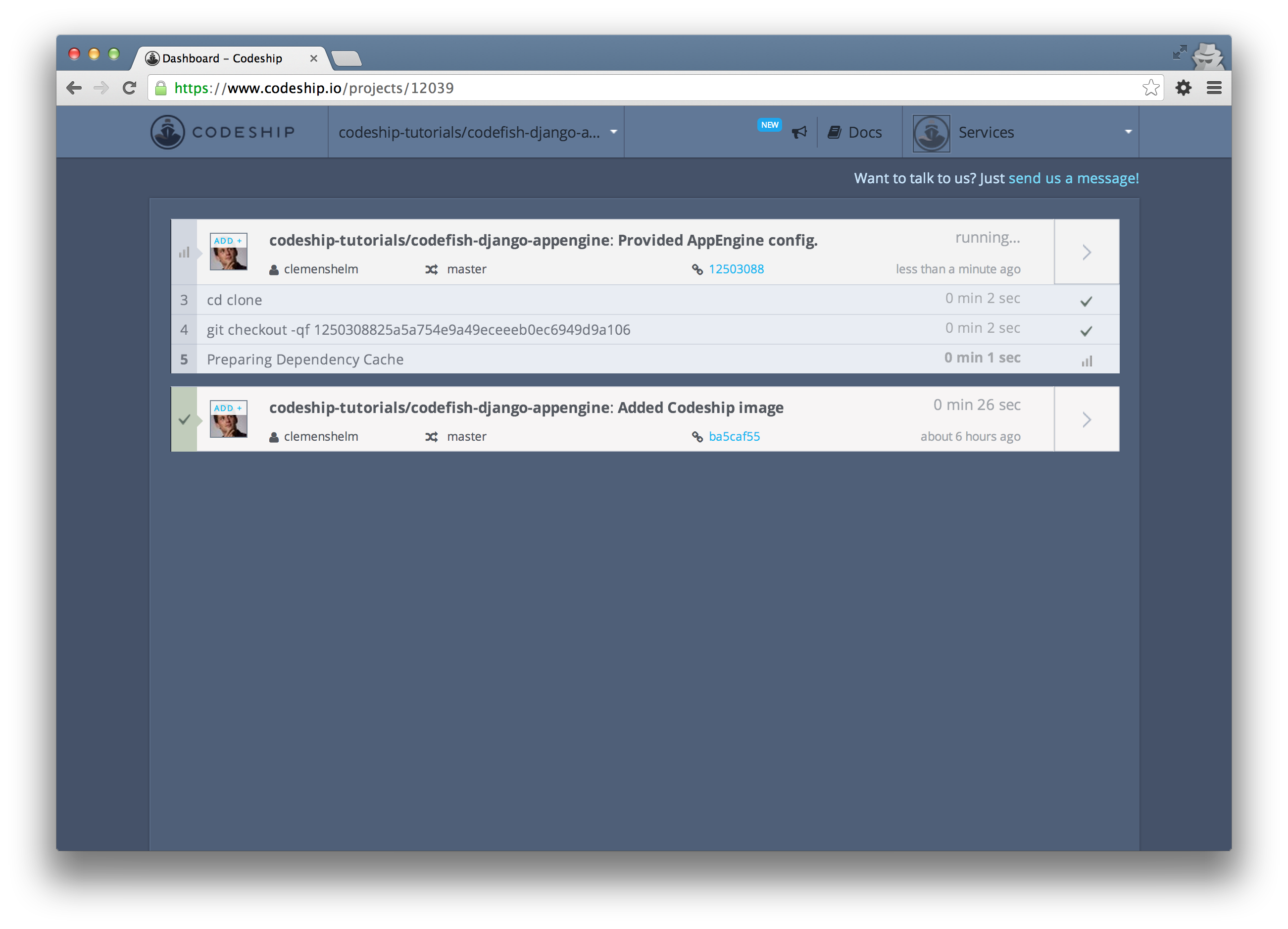 Go back to the project overview to see a new running build