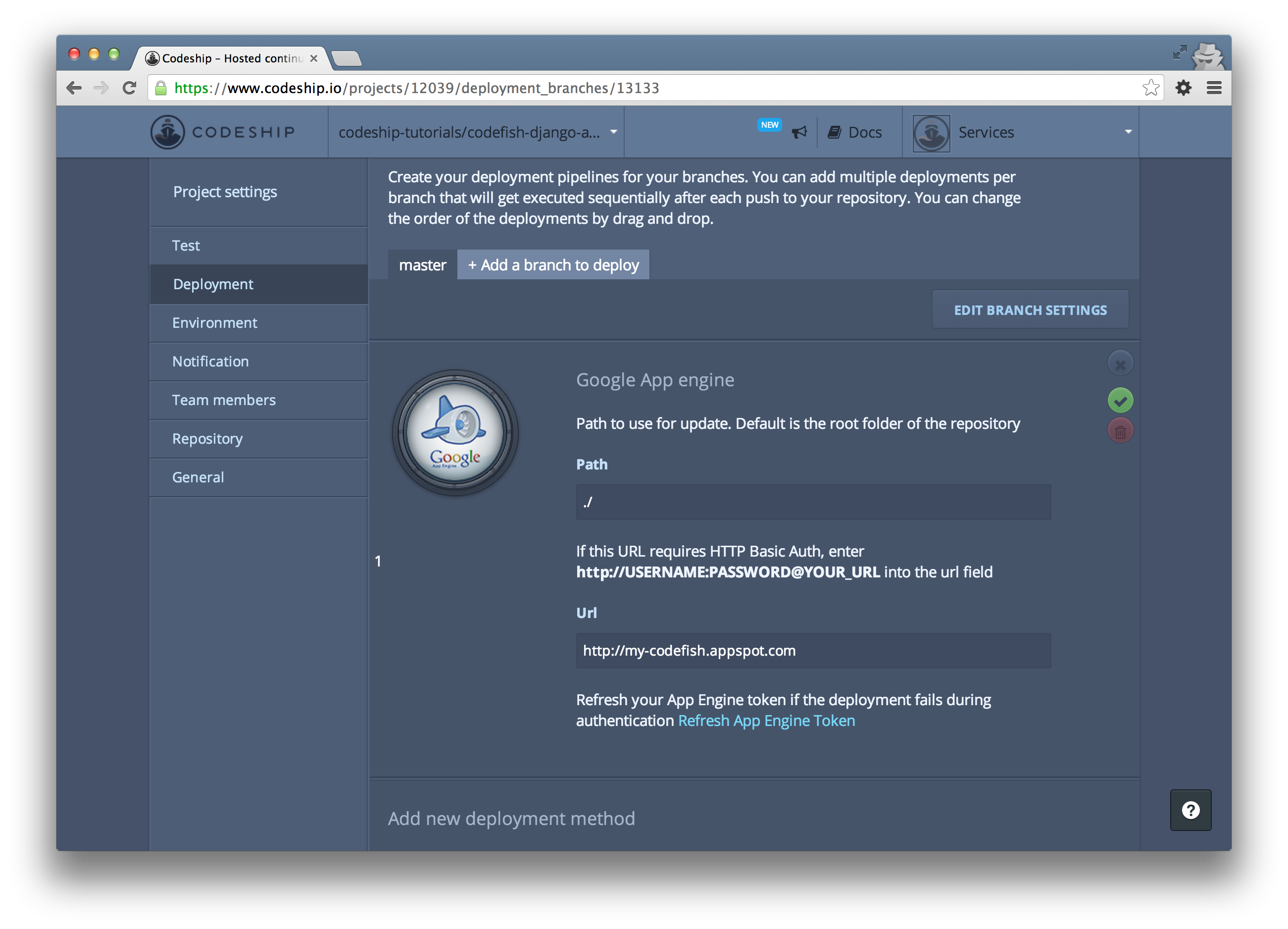 Copy and paste the App Engine API key to the Codeship