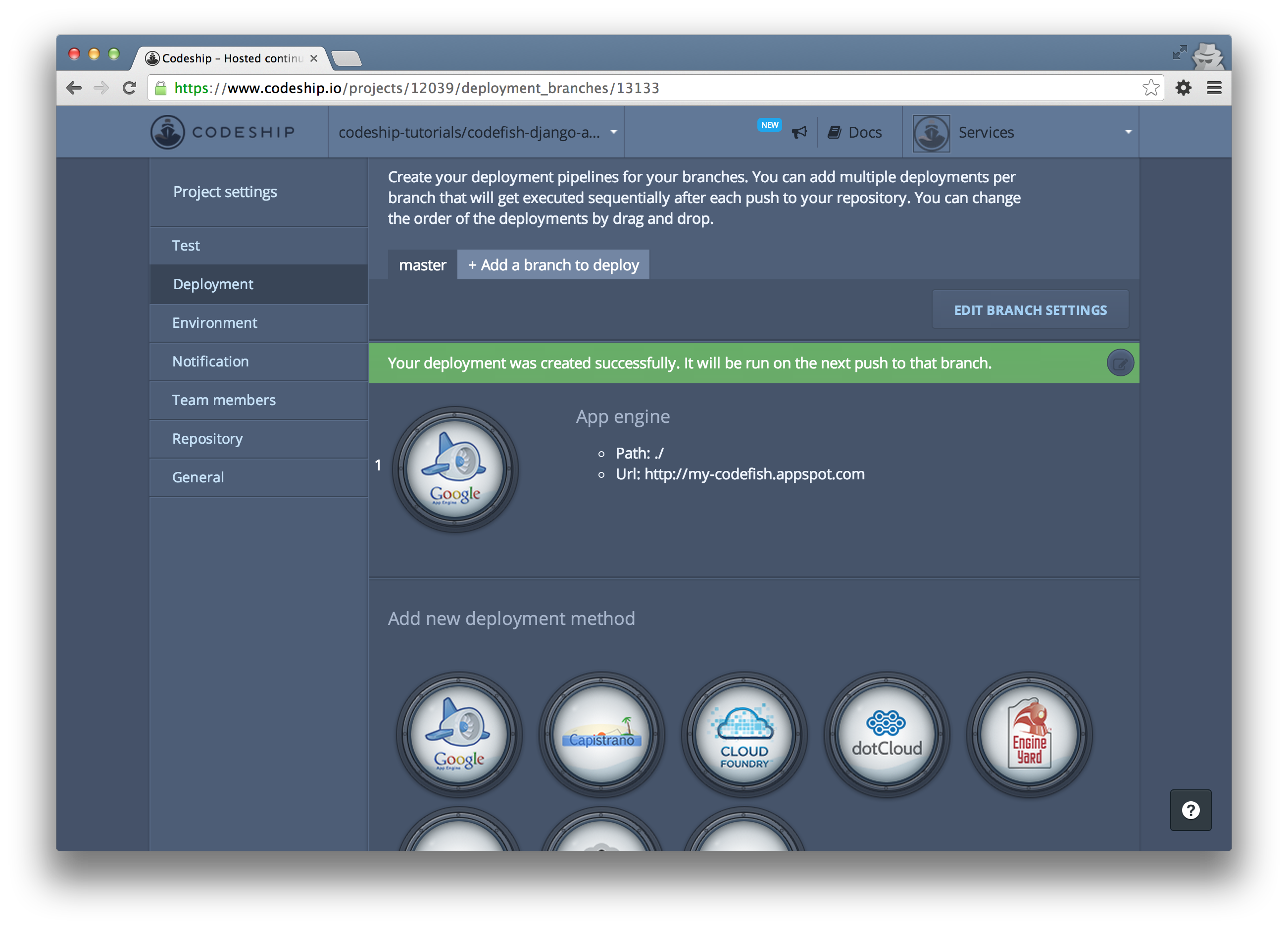 Save your deployment configuration by clicking on the green checkmark