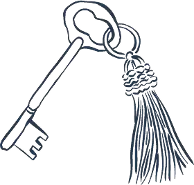 Antique-style metal key with a decorative tassel keychain attached to its ring.