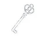 Vintage metal key with a decorative circular bow and long rectangular shaft.