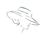 Minimalist line drawing of a woman wearing a wide-brimmed hat, shown in profile.