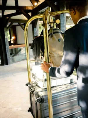 Employé d'hôtel poussant un chariot doré chargé de bagages, dont une valise à roulettes et un sac à dos beige, dans un hall lumineux.