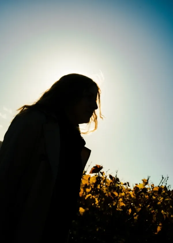 Silhouette d'une personne aux cheveux longs contre un ciel clair avec le soleil derrière elle, au-dessus de buissons en fleurs jaunes.