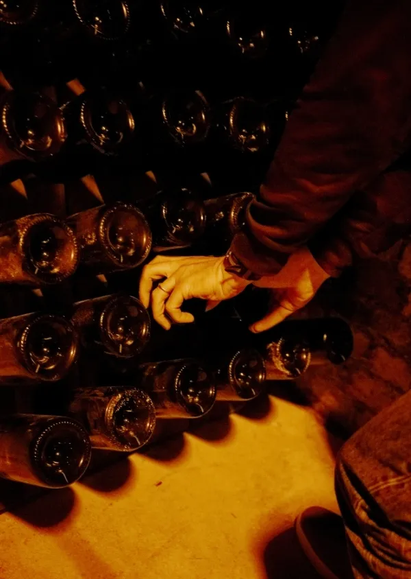 Une personne organise des bouteilles de vin stockées horizontalement dans une cave sombre.