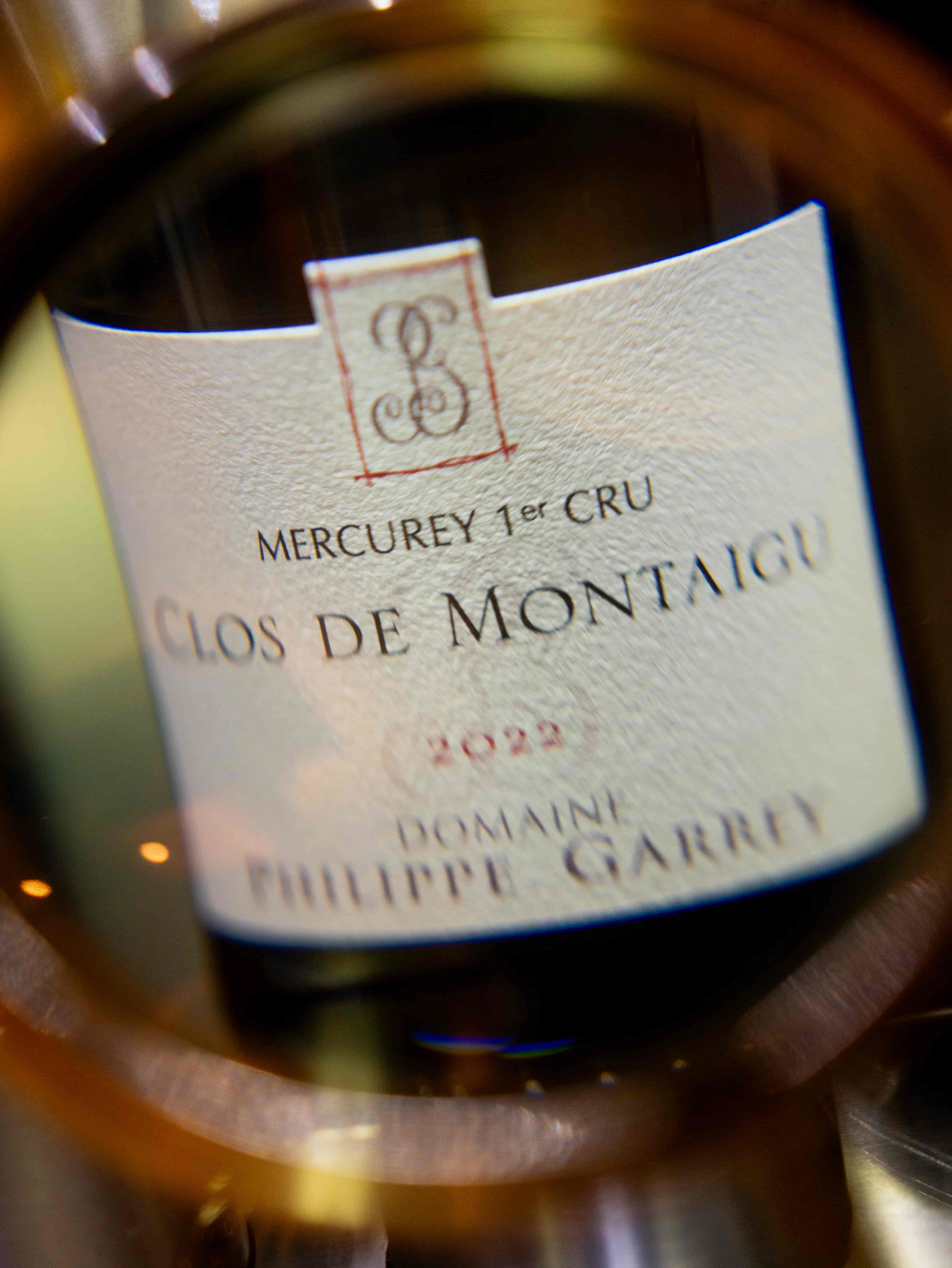 Rótulo de uma garrafa de vinho Mercurey Premier Cru Clos de Montaigu 2022 do Domaine Philippe Garrey.