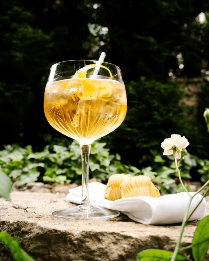 Ein Stängelglas, gefüllt mit einem goldenen Cocktail mit Eis und Zitronenschale, das draußen auf einer Steinmauer steht, begleitet von Chips auf einer weißen Serviette.