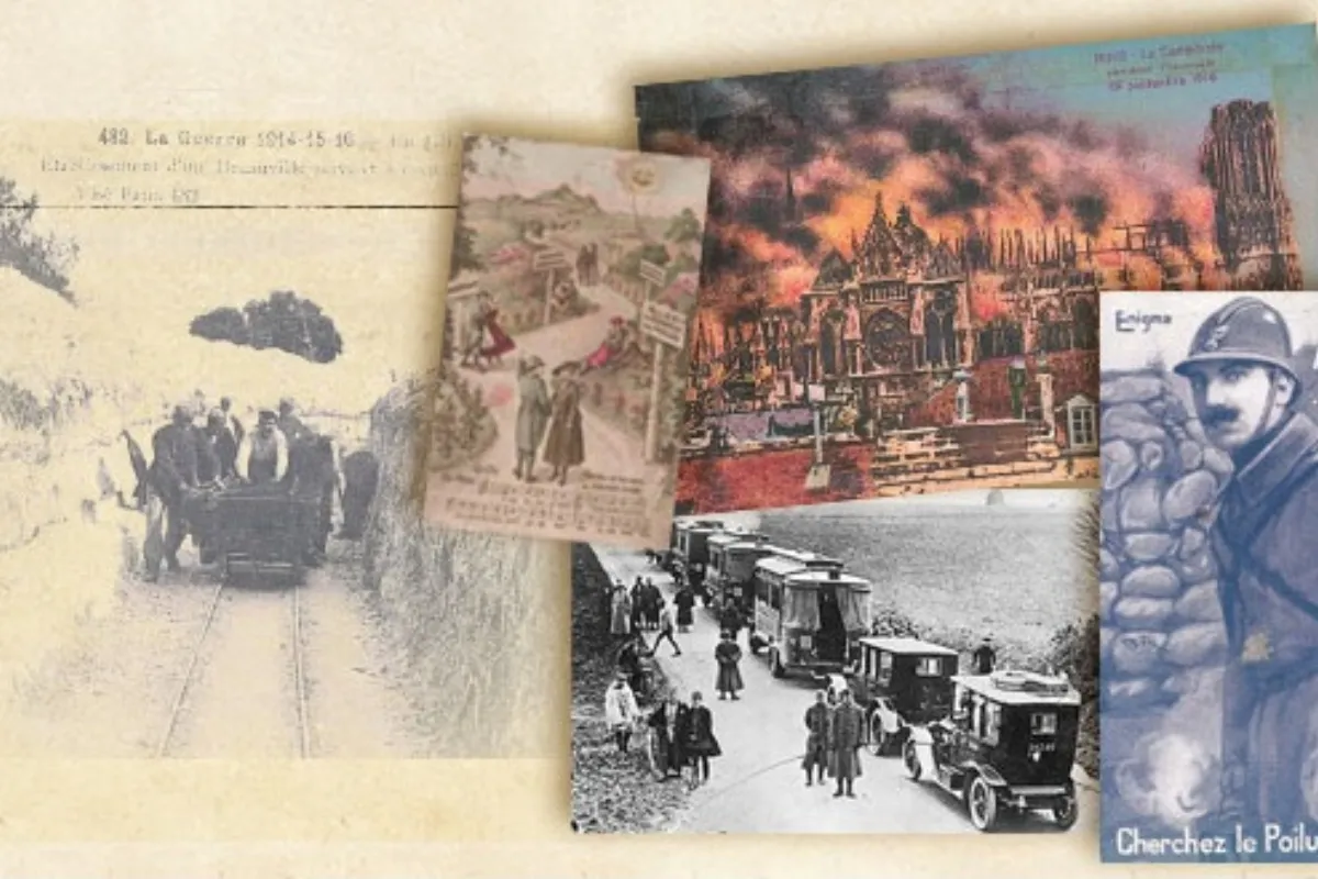 Montage of archive images and old postcards evoking the history of Reims and the First World War.