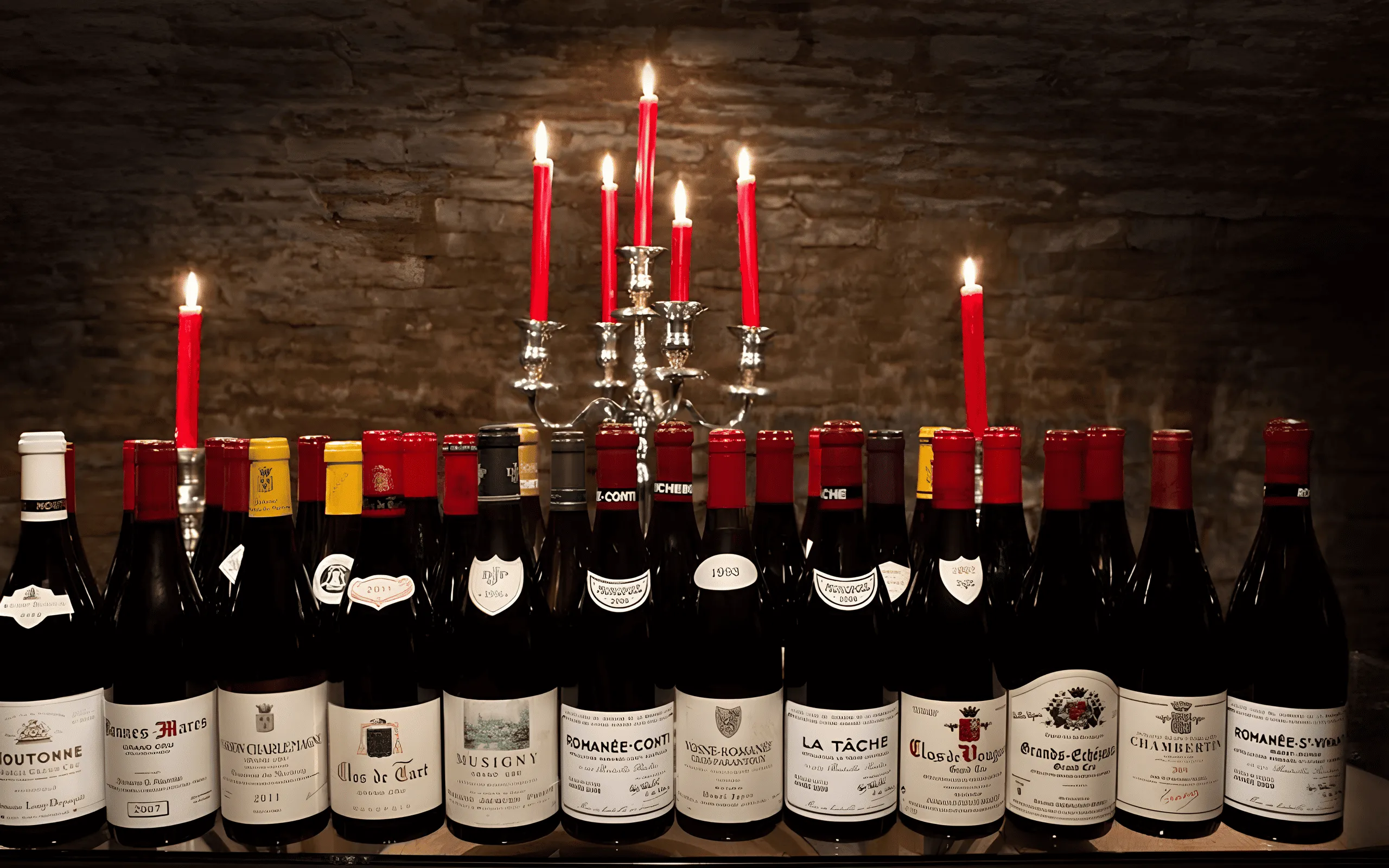 Alignment of Burgundy Grand Cru bottles lit by candles in a stone cellar.