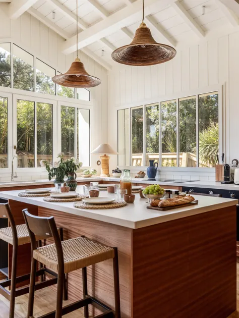 Cucina luminosa della Maison Oyat a Cap Ferret con isola centrale e ampie finestre.