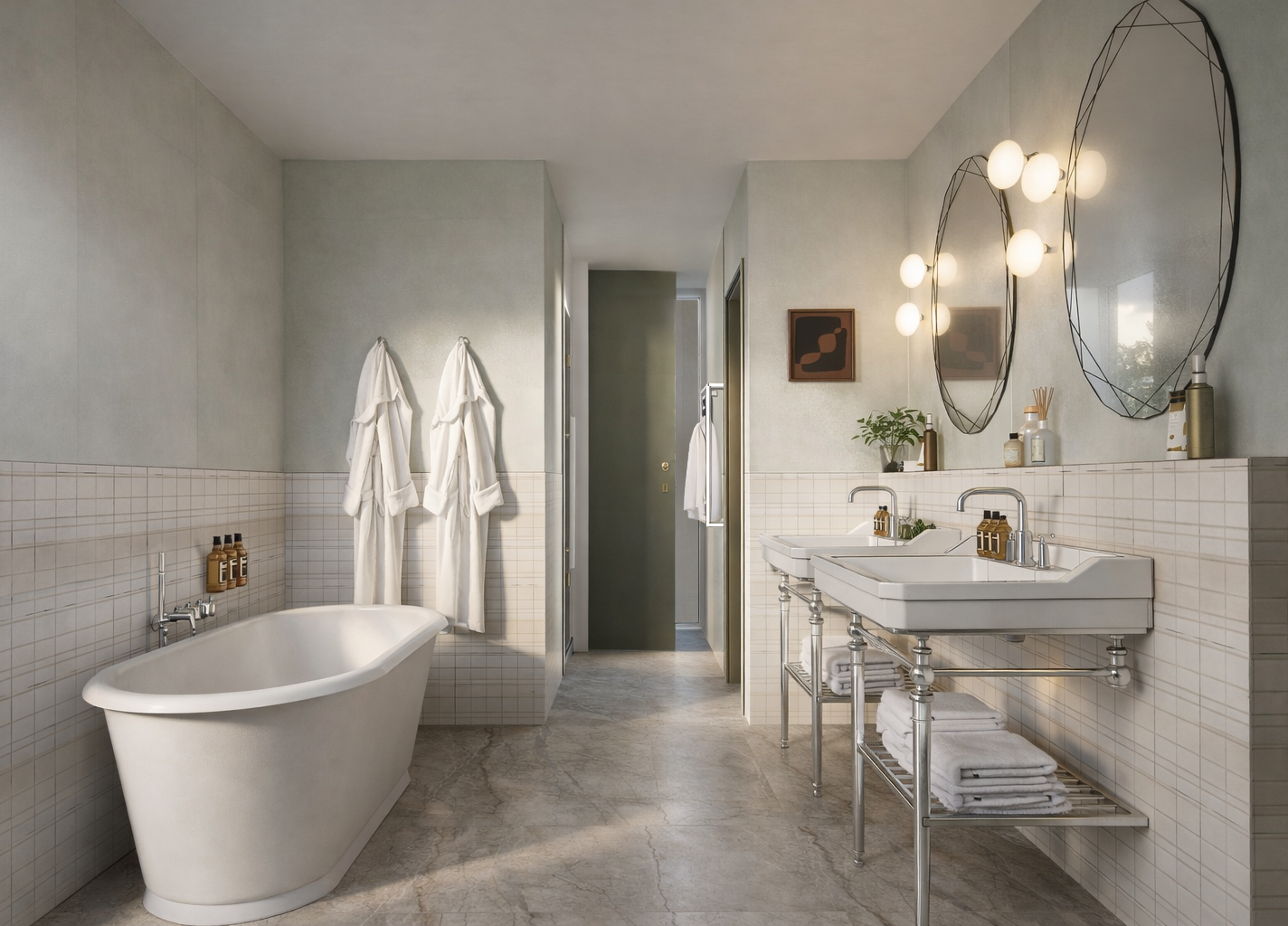 Bagno lussuoso e luminoso in tonalità grigio chiaro, con vasca freestanding bianca, due lavabi a colonna con specchi rotondi e accappatoi appesi alla parete.