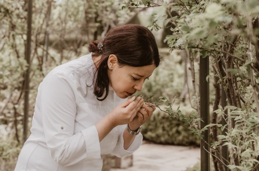Lo chef Nawal Rezagui profuma delicatamente di erbe aromatiche fresche in un giardino.