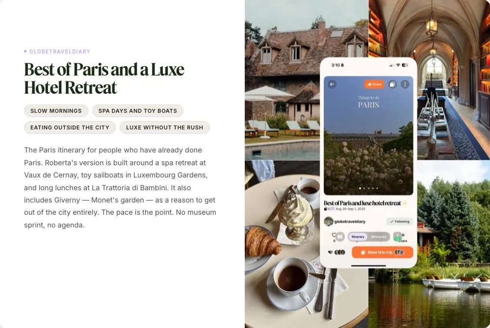 Best of Paris and a Luxe Hotel Retreat: a spa retreat at Vaux de Cernay, toy sailboats in the Luxembourg Gardens and a day in Giverny.