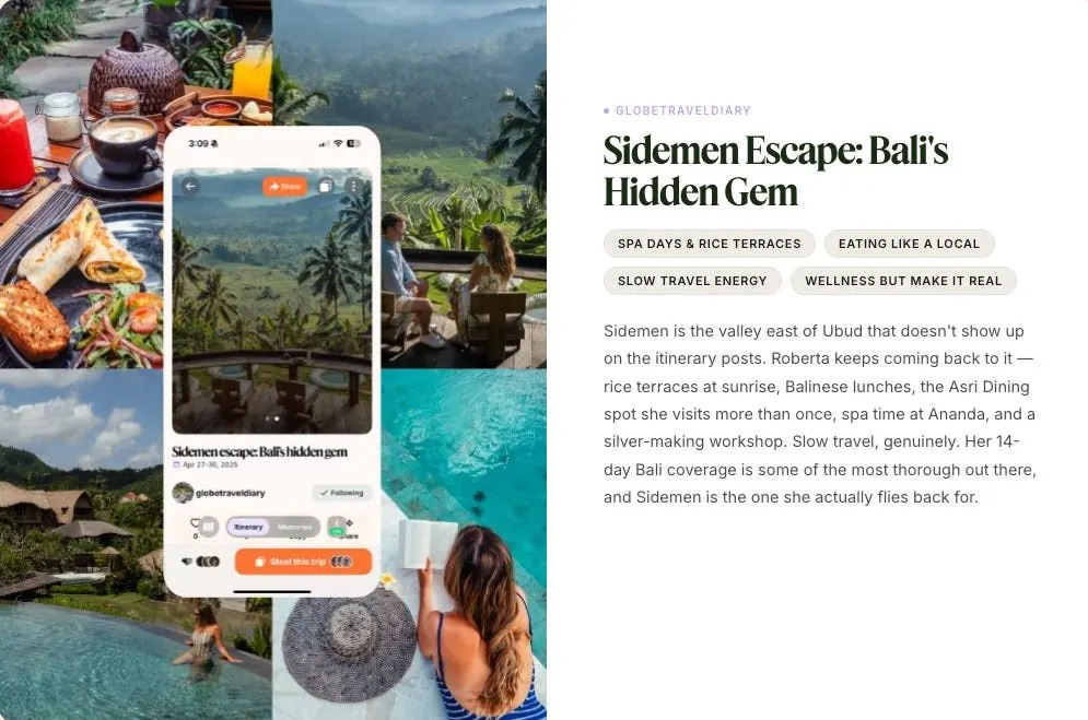 Sidemen Escape, Bali’s hidden gem: Roberta’s trip to the valley east of Ubud, with rice terraces at sunrise, Balinese lunches and spa time.