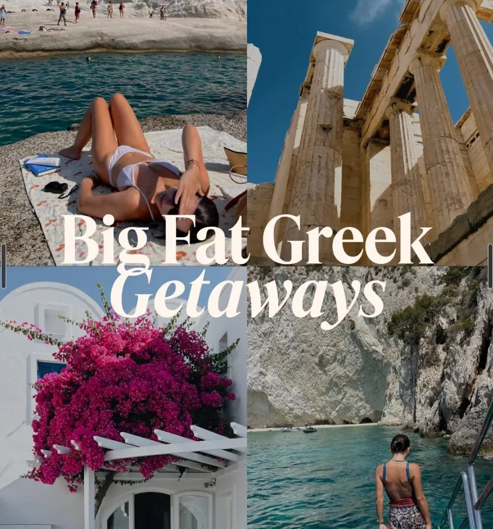 Big Fat Greek Getaways: a beach towel on the rocks, the Parthenon and bougainvillea over the sea
