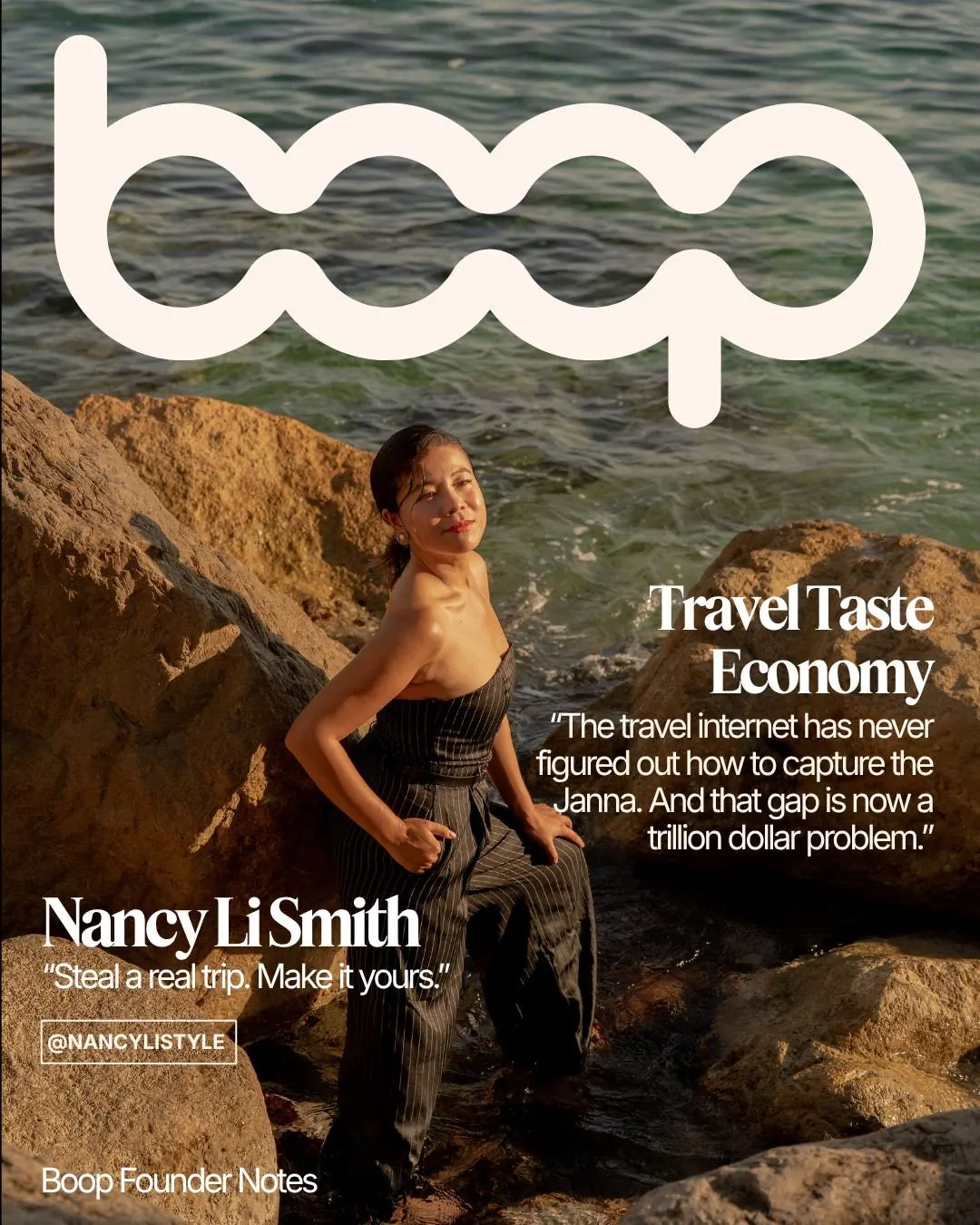 Nancy Li Smith on the rocks by the sea, on the cover of Boop Founder Notes: Travel Taste Economy