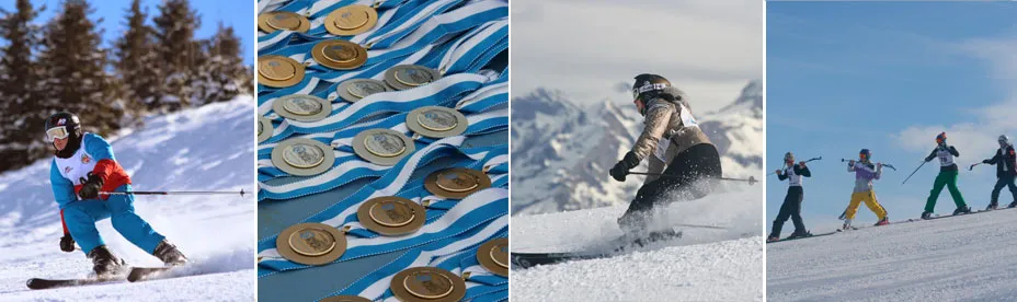 Four-panel image: person skiing downhill in blue and red outfit; close-up of gold and silver medals with blue and white ribbons; skier in snow with snowy mountains in background; group of four people skiing on a slope under clear sky.