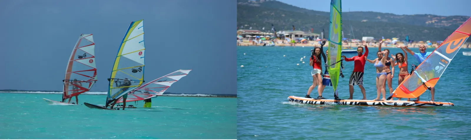Two windsurfers with colorful sails on turquoise water on the left; six people standing and waving on a large paddleboard with two small sails on the right, with a beach and hills in the background.