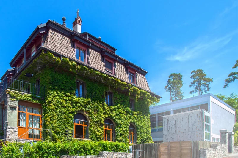 Old building covered in green ivy beside a modern glass and white building under a blue sky with trees.