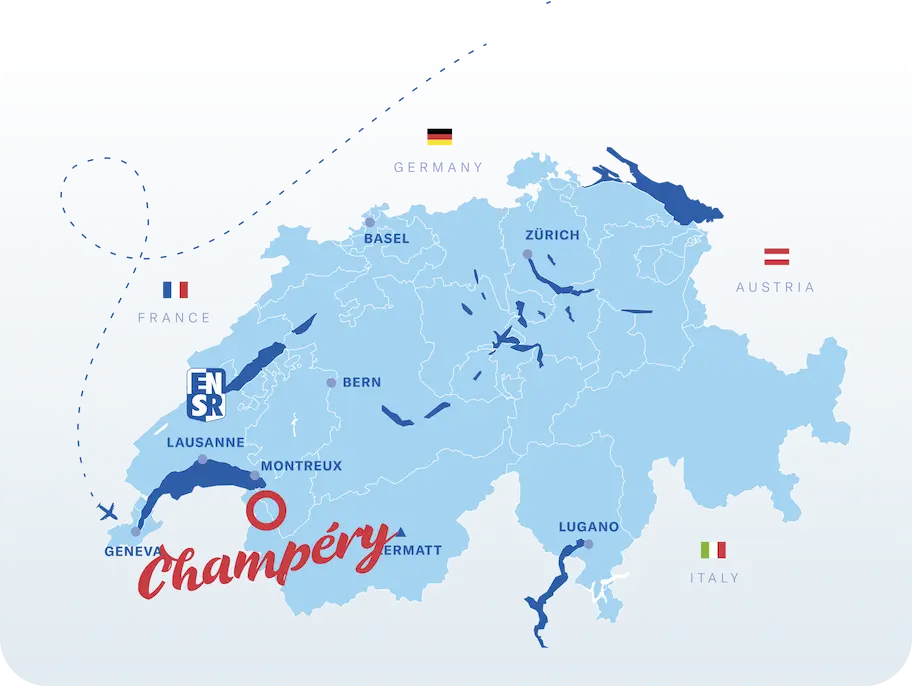 Map of Switzerland showing major cities including Geneva, Lausanne, Montreux, Bern, Basel, Zürich, Lugano, and Zermatt, with Champéry highlighted in red near Montreux.
