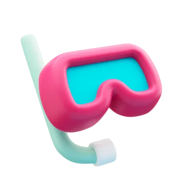 3D illustration of a pink snorkeling mask with a light blue snorkel tube.