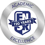 Round silver emblem with a blue ribbon stating '120 years' over the letters 'FR' and 'SJ', encircled by 'ACADEMIC EXCELLENCE'.