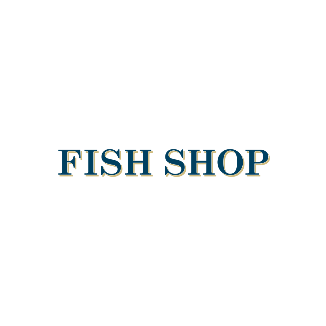Blue and beige text reading 'FISH SHOP' on a transparent background.
