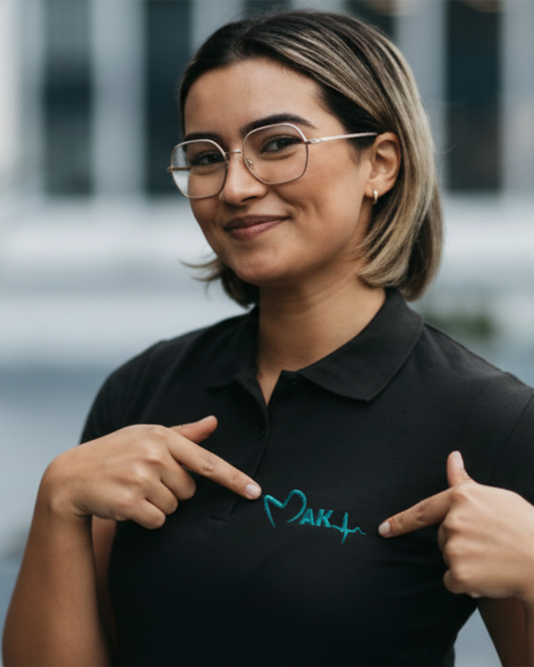 Frau zeigt auf ein schwarzes Poloshirt mit einem blauen Herzlogo und Schriftzug MAK.