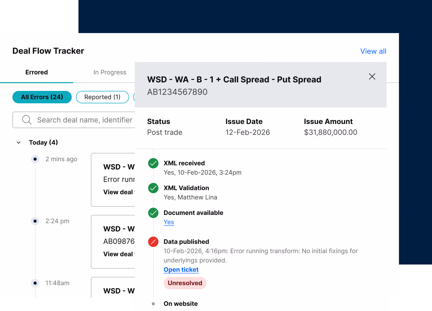 Screenshot of a WSD Structured Product Deal Flow Tracker interface showing errored deals with timestamps, deal identifiers, and detailed error status including XML received, XML validation, document availability, and unresolved data publishing issues.