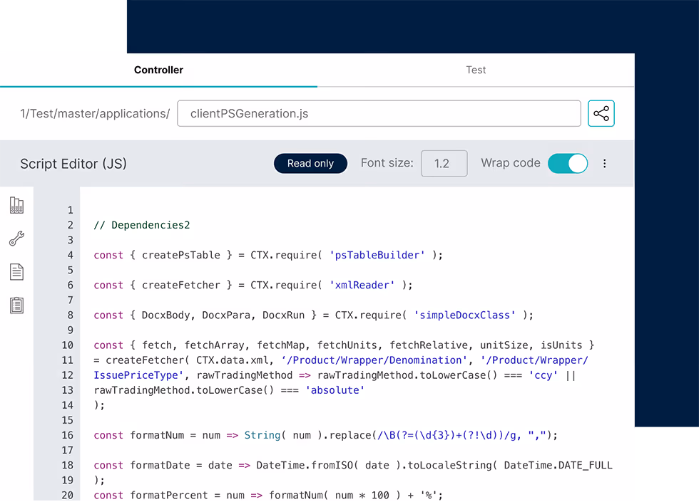 WSD Code editor interface showing JavaScript code with constant declarations and function definitions for creating and fetching data using CTX.require.