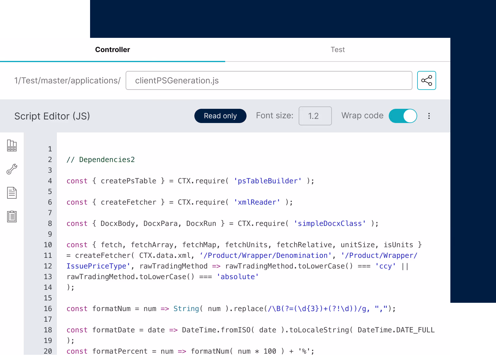 WSD JavaScript code editor showing script with dependencies and functions for fetching and formatting data.
