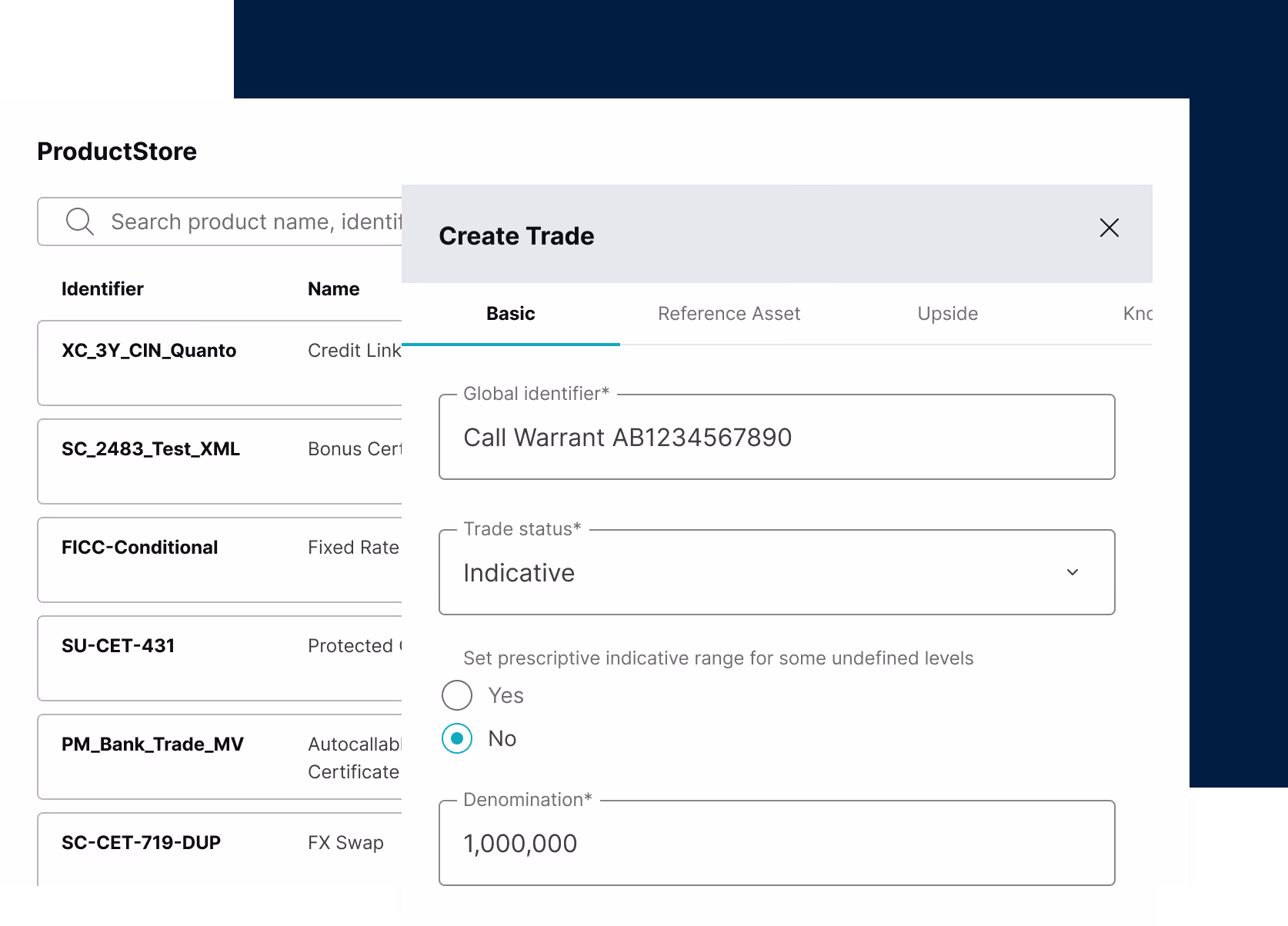 WSD ProductStore interface showing product identifiers and names, with a Create Trade form open for a Call Warrant AB1234567890, trade status marked Indicative, prescriptive indicative range set to No, and denomination of 1,000,000.