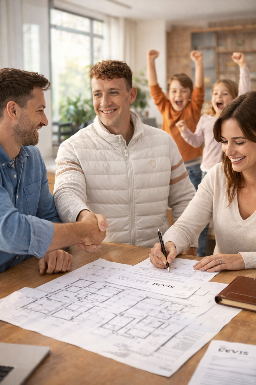 Deux collègues, un homme et une femme, examinent ensemble un grand plan dans un bureau lumineux.