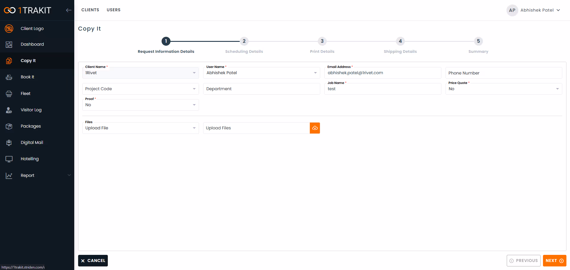 Web interface of 1TRAKIT Copy It form showing request information details with fields for client name, user name, email, phone, project code, department, job name, proof, price quote, and file uploads.