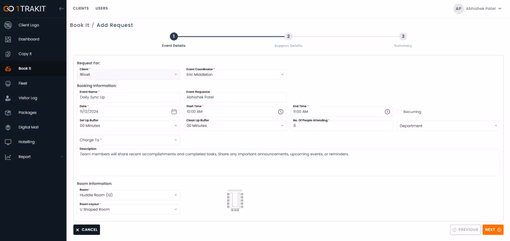 User interface of 1TRAKIT Book It form showing event details input fields including client, event coordinator, event name, requestor, date, times, buffers, attendees, department, description, room, and layout with navigation options and cancel and next buttons.